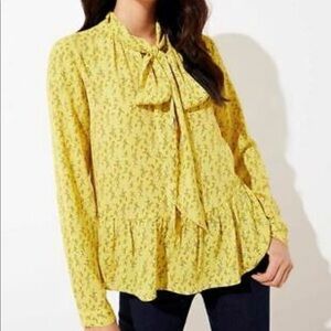 LOFT Mustard Yellow Floral Blouse with Tie Neck